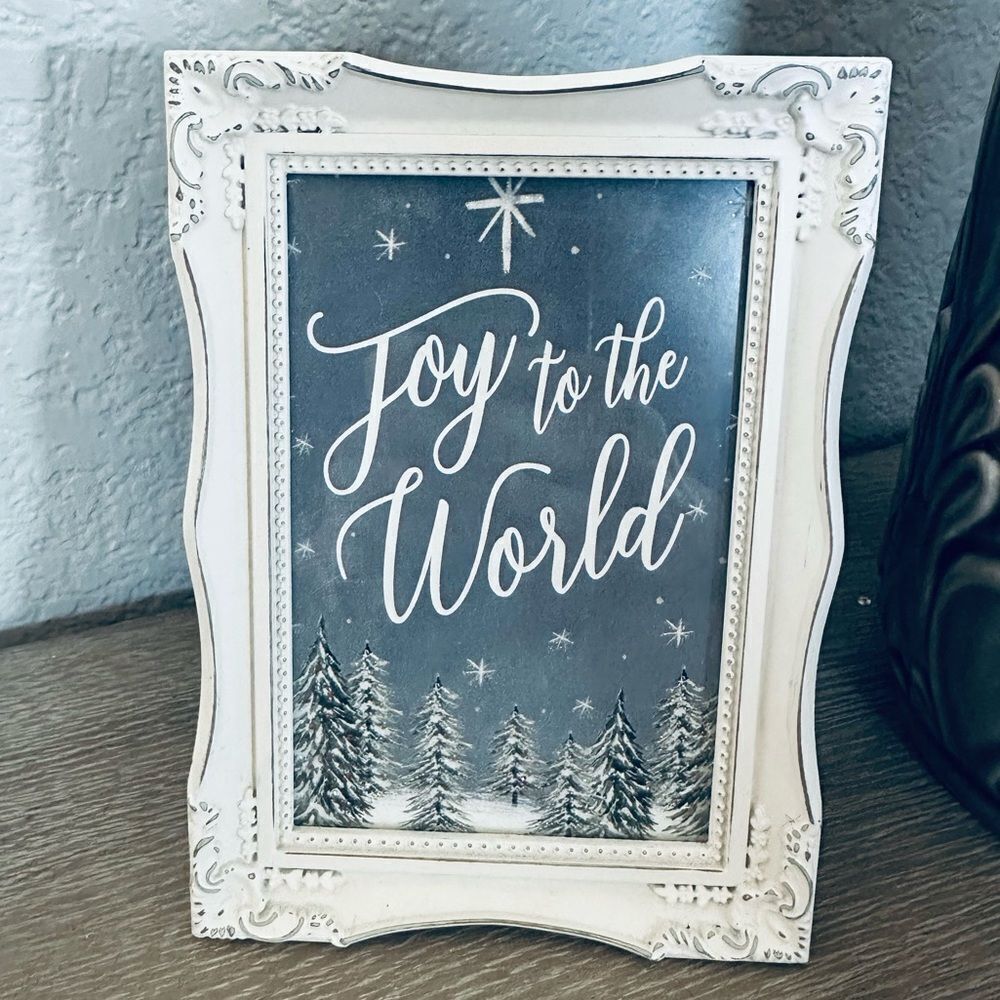 Joy to the World Christmas Holiday Glitter Framed Rustic Art